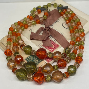 1960’s Green and Orange Triple Strand Beaded Necklace Bloomers and Frocks